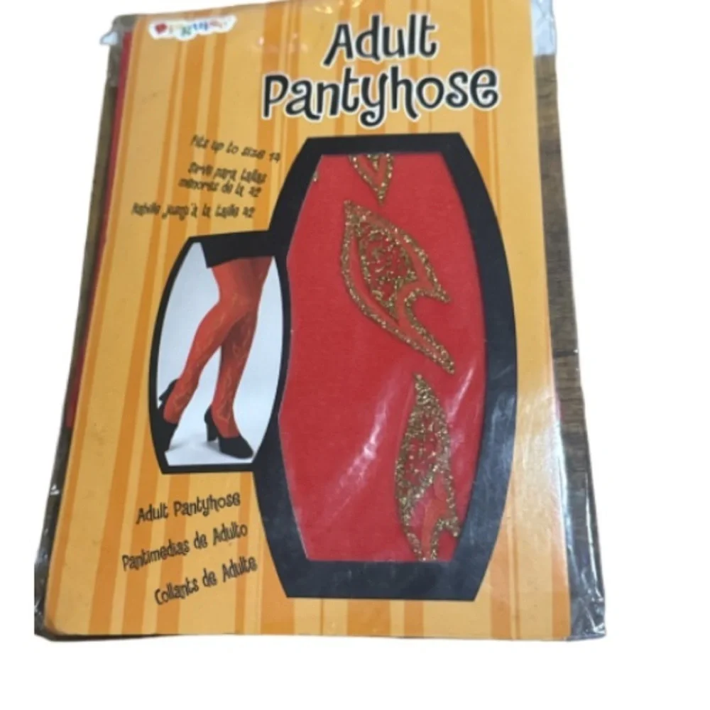 Red Adult Pantyhose with Gold Glitter flame Design